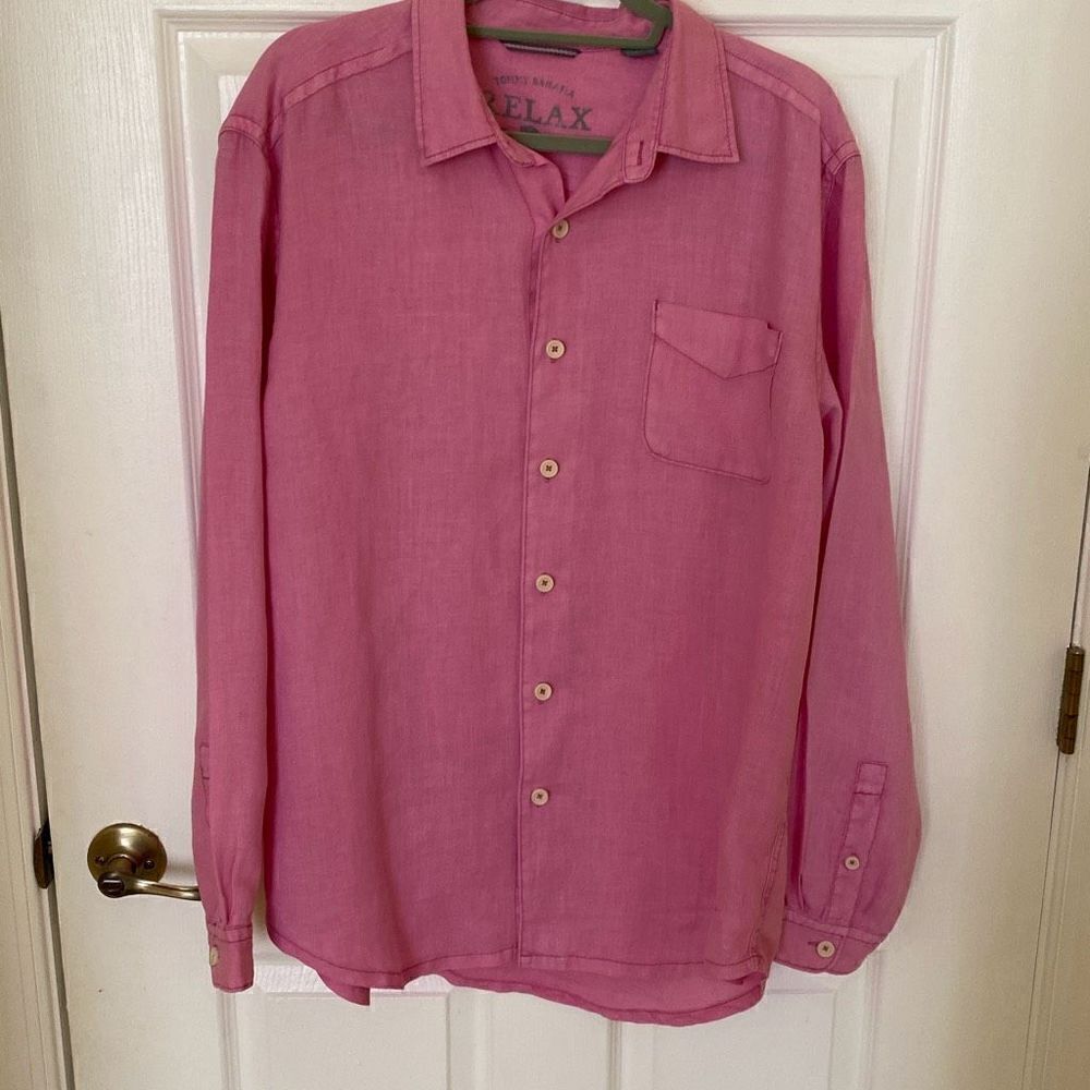 Mens Tommy Bahama Dark Pink Long Sleeve 100% Linen Button Down Shirt, Size L